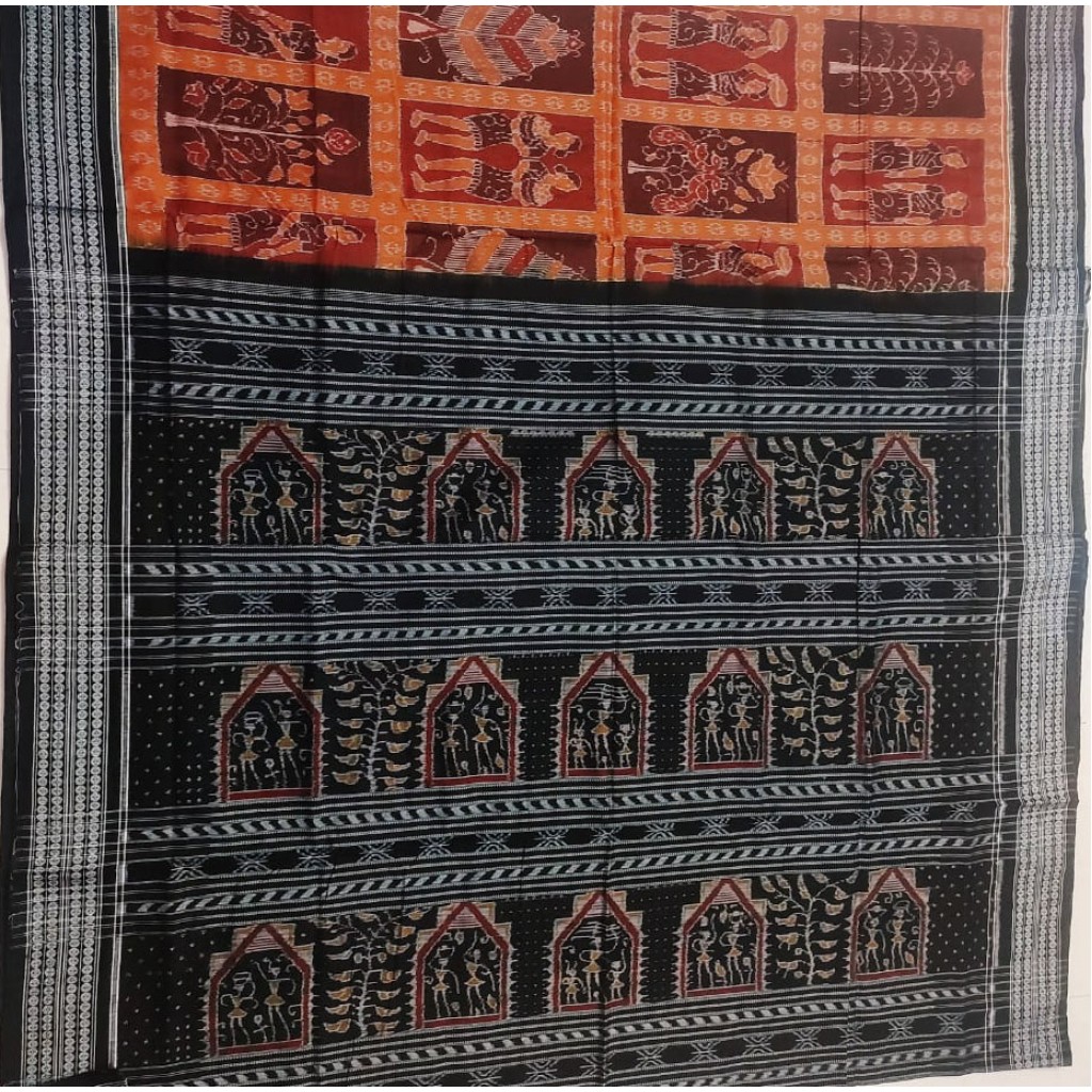 Siazloom SAMBALPURI HANDLOOM COTTON Black Saree with White & Red Pattern on  body, Similar Pallu and Border - Siaz Loom